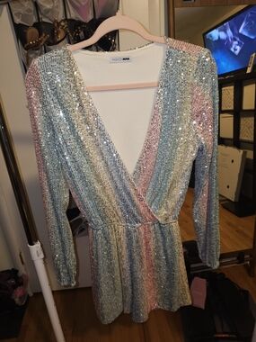 Fashion Nova Pastel Sequin Wrap Long Sleeve Mini Shorts Jumpsuit